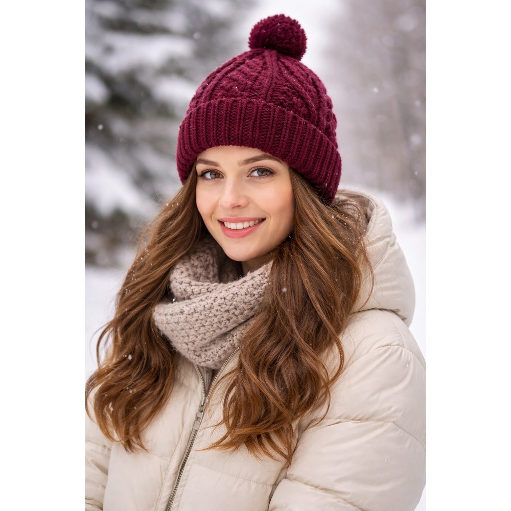 Handmade Burgundy Cable Knit Bobble Pom Pom Beanie Hat Wine Red Winter Cap‎